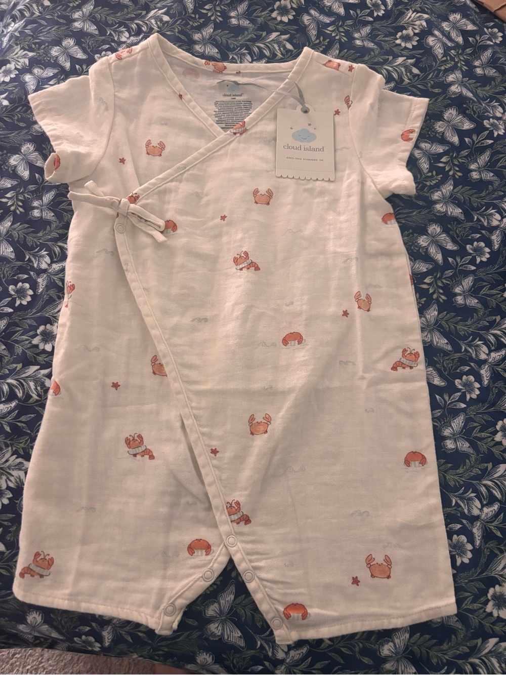 cloud island Cream Pajama Romper with Orange Crab Print